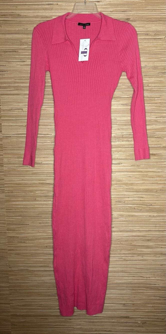 Haute Monde Hot Pink Ribbed Knit Polo Collar Long Sleeve Maxi Dress NWT Sz L